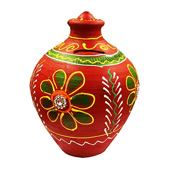 Handcraft Terracotta Money Bank, Coin Holder, Piggy Bank, Mitti Ki Gullak, Coin Box, Money Box - Gift Items for Kids and Adults (Red) (Medium Small (Height : 8 Inches.))