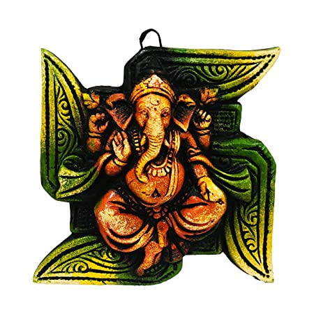 Handcrafted Terracotta/Earthen Clay Lord Ganesha On Swastik Wall Hanging for Home Decor, Garden Decor, Office Decor (Color: Multi, Size : 5.5 Inches.)