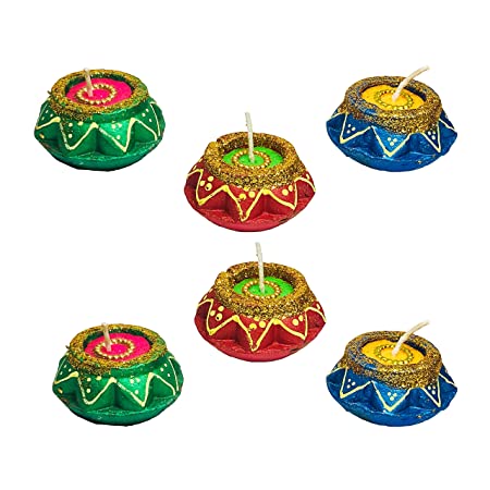 Handcrafted Terracotta Earthen Clay mud Set of 6 Mini Matki Wax Filled Kuliya Diya Home Decorative Diwali Diya (Multicolor)