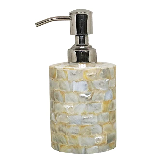 Handcrafted Mother of Pearl handwash Liquid soap Dispenser/Shampoo Dispenser/Gel Dispenser (Round Shape,Height :6 Inches.)