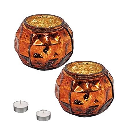 Set of 2 Copper Mercury Votive Glass Tealight Candle Holders with Tealight for Festive Decor, Diwali Lighting Decoration and Corporate Gifts (Glass, Dimension - 8x8x7 Cms.)