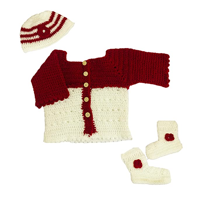 Handmade Woolen Crocheted Baby Sweater with Booties and Cap, Winter Wear (White,Red, 0-3 Months)