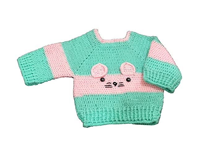 Handmade Woolen Crocheted Baby Sweater, Winter Wear (Green Pink, 0-12 Months)