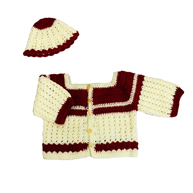 Handmade Woolen Crocheted Baby Sweater with Cap, Winter Wear (Off-White, Red, 0-6 Months)