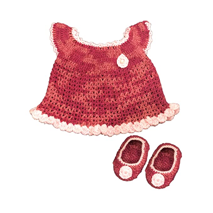 Handmade Woolen Crocheted Baby Sweater/Dress with Booties, Winter Wear (Dark Pink, 0-6 Months)