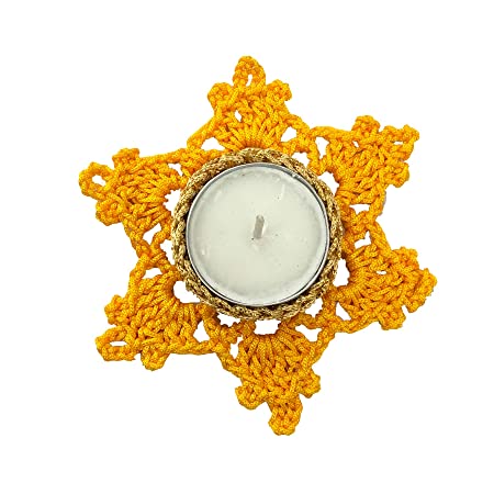 Handcrafted Crochet Art Decorative Tealight Holder/Diya for Christmas/Diwali/Home Decor (Dia : 10 Cms.) (Color: Yellow)