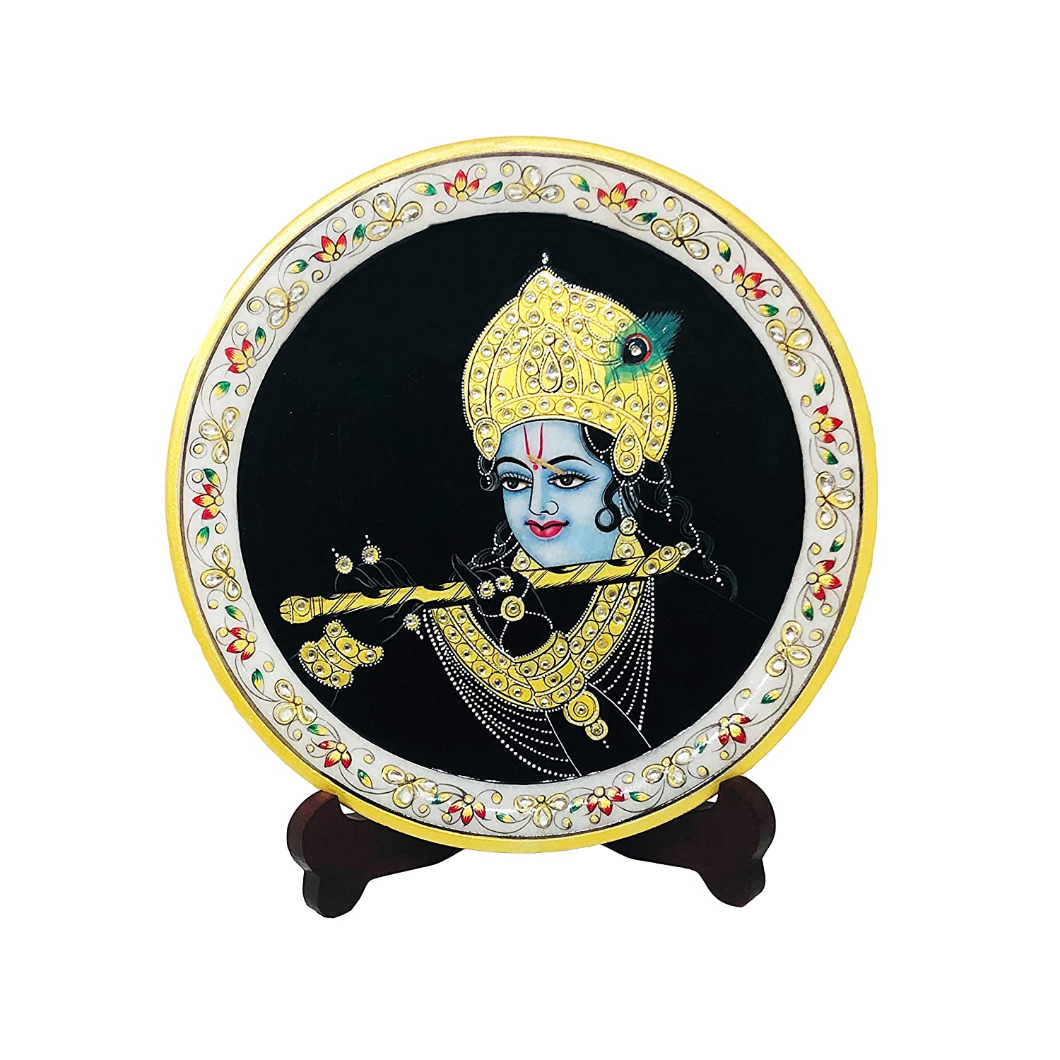 Handcrafted Decorative Lord Krishna Painted On Marble Plate for Home Decor,Table Decor (Dia : 9 Inches, Multicolor) 