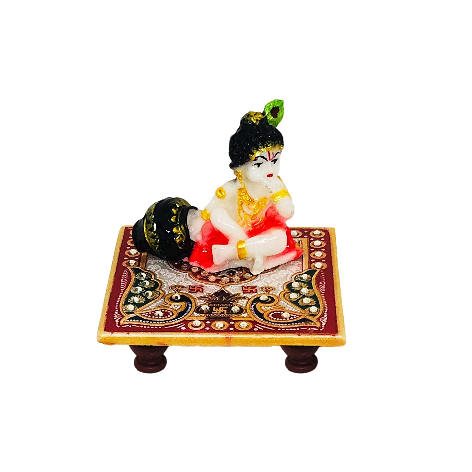 Handcrafted Marble Chowki with Ladoo Gopal Idol (Size : 4x4 Inches.)