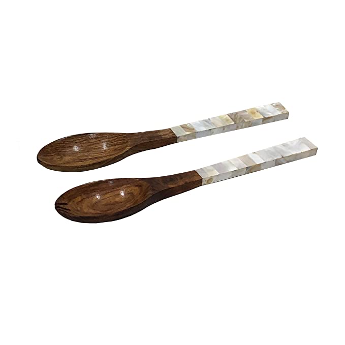 Mother of Pearl Wooden Serving Spoon & Fork Cutlery Set , 32 cm x 7 cm x 2.5 cm, 2-Piece (Off-White)