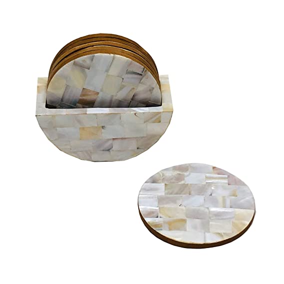 Handmade Mother of Pearl Seashell Crafted Round Tea Coaster Set, Premium Tableware, Table Coaster Set of 6 (Off White,H:4.5 Inches.)