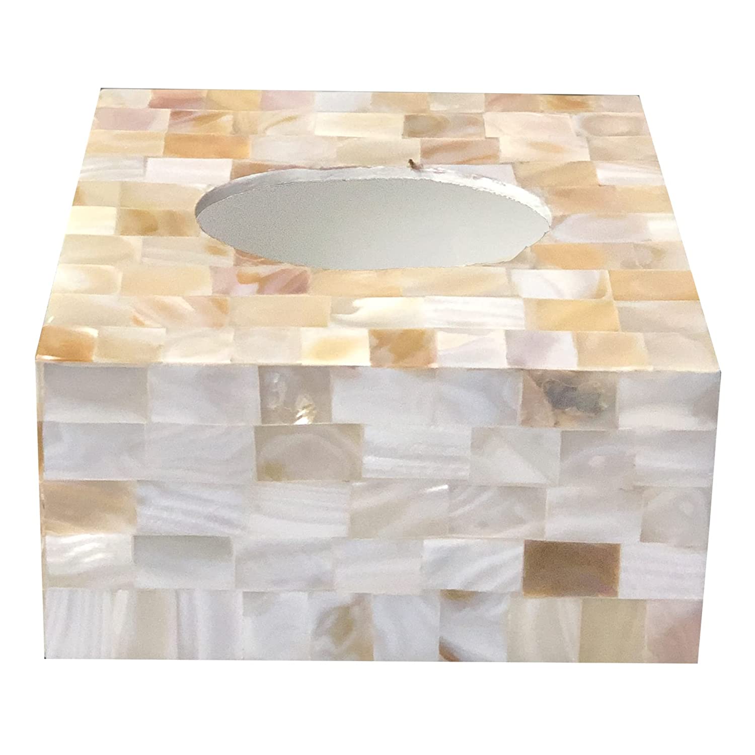 Handcrafted Mother of Pearl Wooden Tissue Box Holder for Home and car, Tissue Dispenser for Bathroom, Square Tissue Box Holder for Dining Table, Housewarming Gift Ideas (Ivory) 