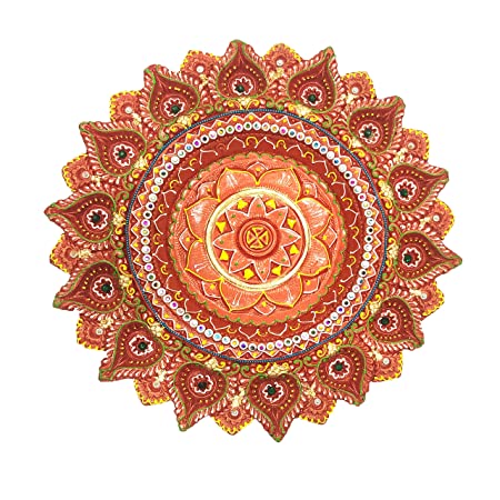 Handcrafted Terracotta/Earthen Clay Decorative 14 Diya Thali Diwali Diya Puja Thali/Decorative Tray (Diameter : 12 Inches, Red)