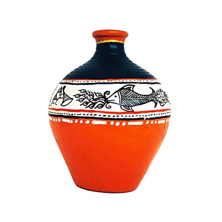 Terracotta Warli Handpainted Vase, warli Painting Vase for Home Decor, Table Decor, Living Room Decor (Color:) Orange,Blue(Height : 6 Inches)