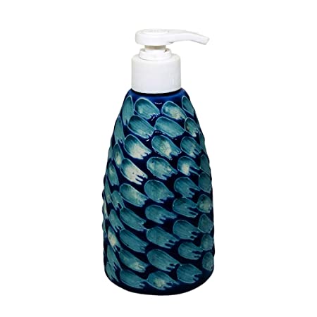Handcrafted Ceramic handwash Liquid soap Dispenser/Shampoo Dispenser/Gel Dispenser for Bathroom, Kitchen (Blue, Height: 6.5 Inches.)