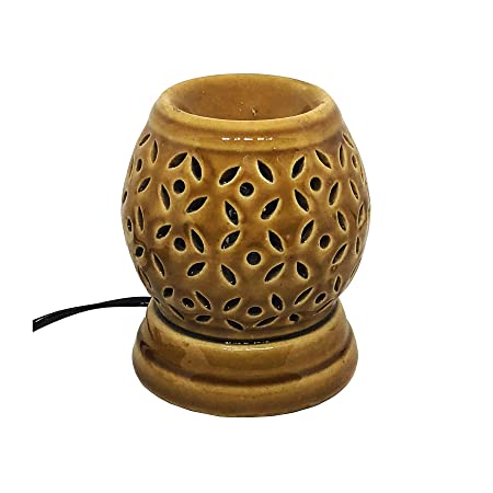 Electric Ceramic Glossy Aroma Oil Diffuser/Oil Burner with Leaf Cutwork for Home, Office and Spa (Height : 12 Cms.) Color : Brown