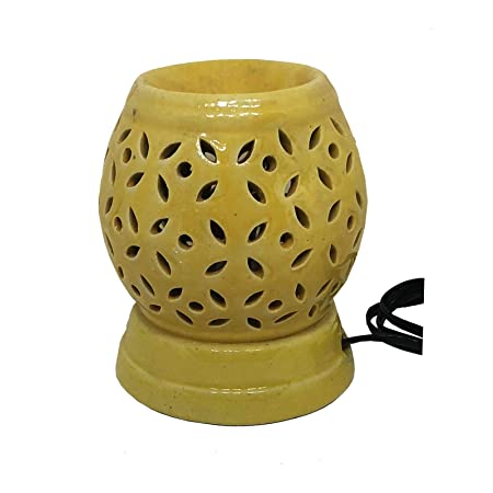 Electric Ceramic Glossy Aroma Oil Diffuser/Oil Burner with Leaf Cutwork for Home, Office and Spa (Height : 12 Cms.) Color : Yellow