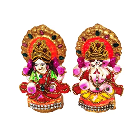 Handcrafted Terracotta/Earthen Clay Bejeweled Laxmi Ganesh Idol (Multicolor, Size : 9 Cms./ 3.5 Inches.)