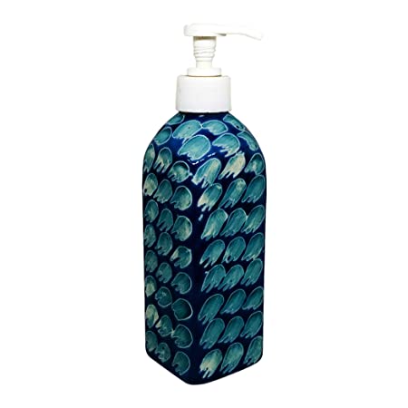 Handcrafted Ceramic handwash Liquid soap Dispenser/Shampoo Dispenser/Gel Dispenser for Bathroom, Kitchen (Blue, Height: 7.5 Inches.)