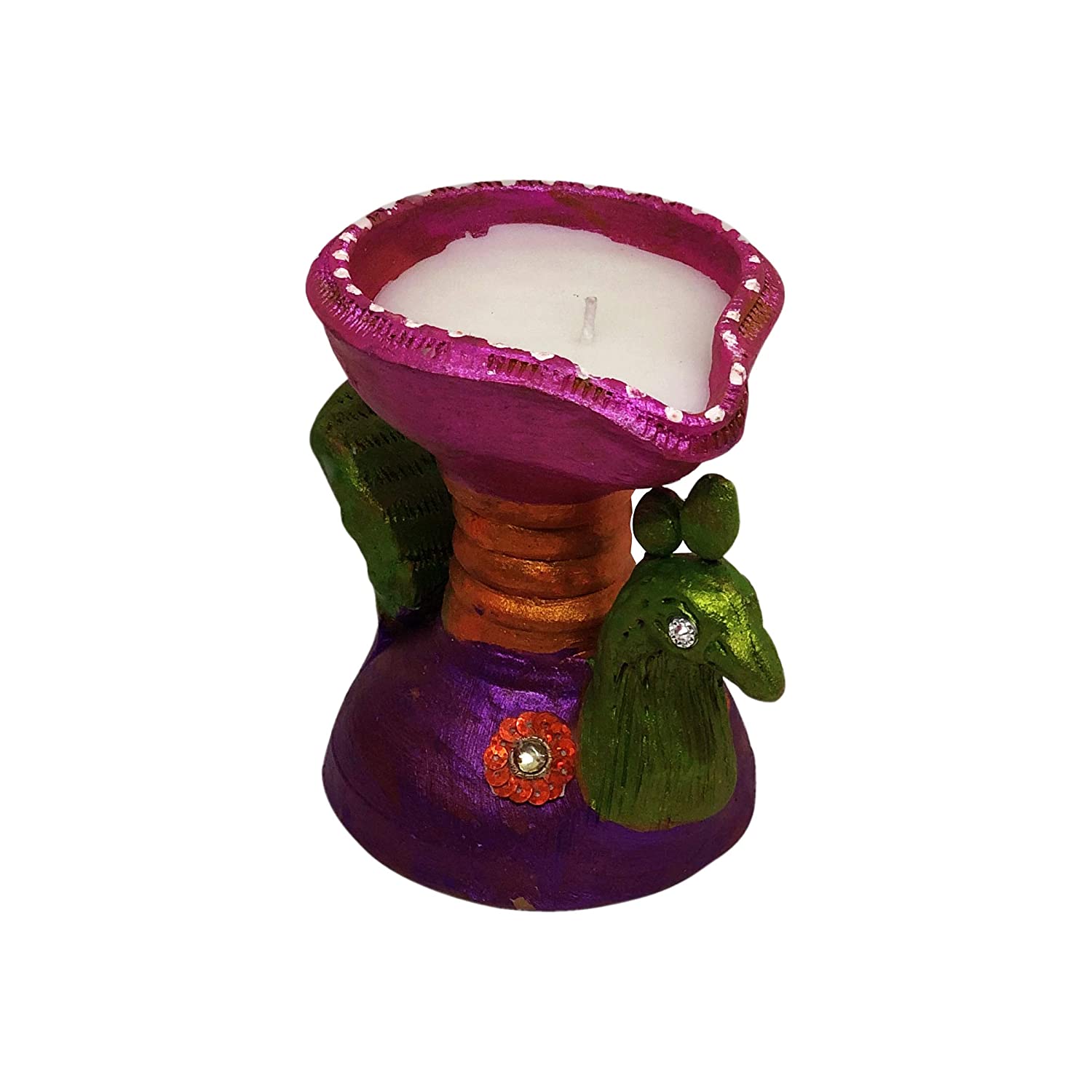 Handcrafted Bright Color Hand Painted Terracotta/Earthen Clay Decorative Diya Wax Filled Peacock Shape Diwali Diya/Candle/Tealight Holder (Size : 3x3.5x4 Inches.) 