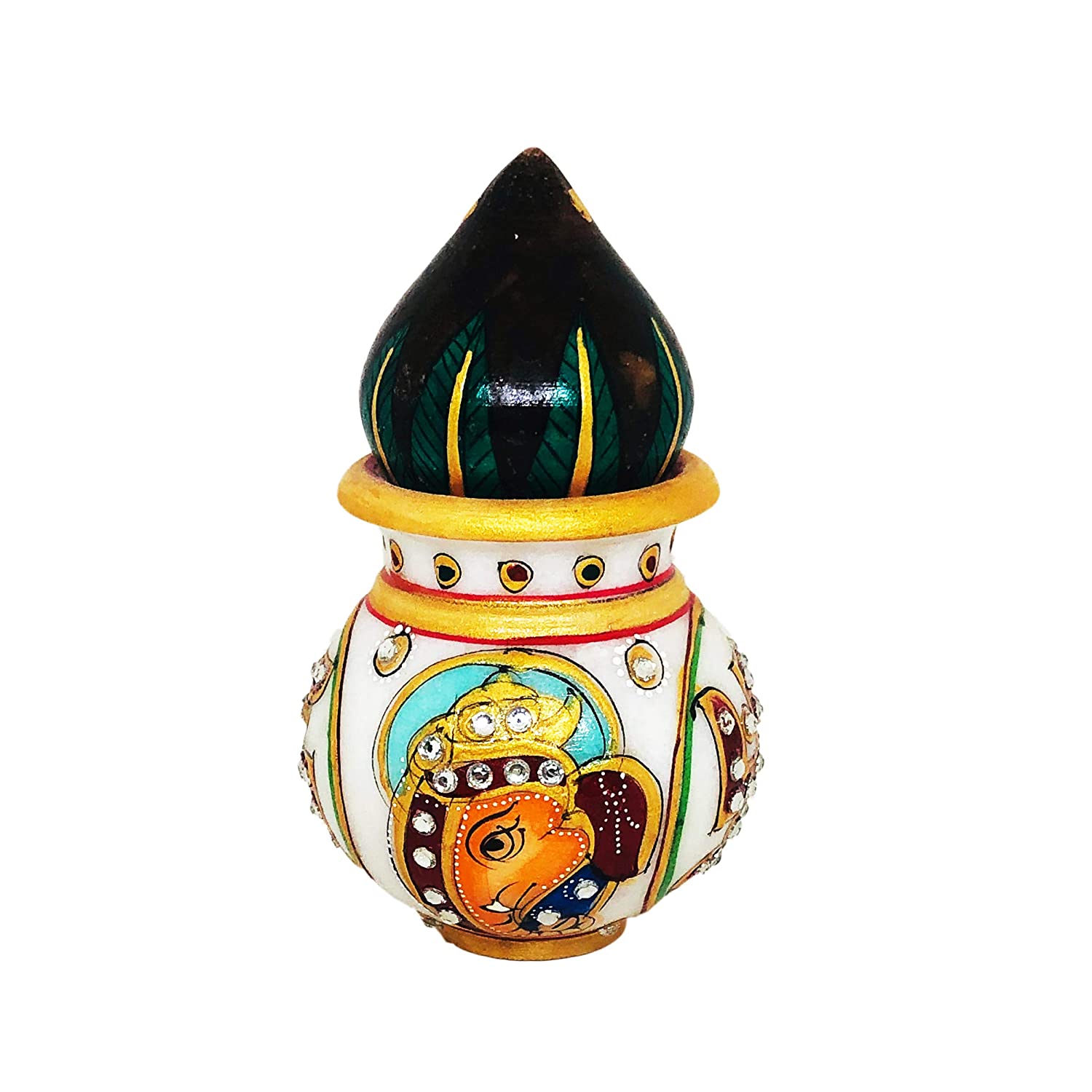 Decorative Round Marble Handicraft Lota/Lotha/Kalash with Nariyal Puja Kalash (Size : 3 Inches.) 