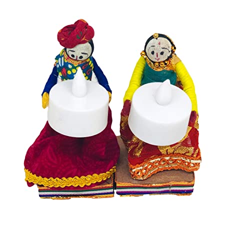 Handcrafted Decorative Rajasthani Couple Led Diya Light Set (Size : 4 Inches, Multi)