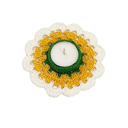 Handcrafted Crochet Art Decorative Big Tealight Holder/Diwali Diya with One Pc. Tealight - Multicolor (Dia : 10 Cms.)