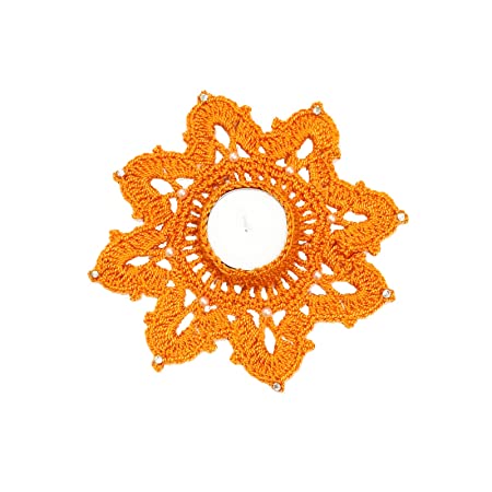 Handcrafted Decorative Crochet Art Big Tealight Holder/Diwali Diya with One Pc. Tealight - Yellow (Dia : 12 Cms.)