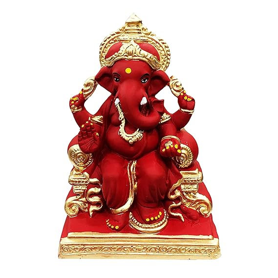 Eco Friendly Handcrafted Clay/Mud Ganpati Murti Biodegradable Kacchi Mitti Ganesha Water Soluble Ganesh Idol for Ganpati Visarjan (9 Inches, Medium) (Dark Red)