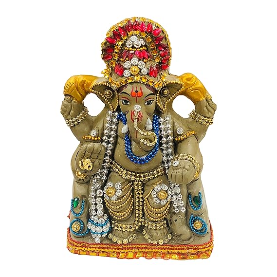 7 Inches Bejeweled Eco Friendly Handcrafted Clay/Mud Ganpati Murti Biodegradable Kacchi Mitti Ganesha Water Soluble Ganesh Idol for Ganpati Visarjan