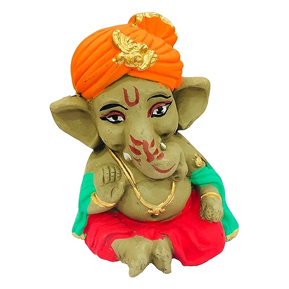 Eco Friendly Handcrafted Clay/Mud Ganpati Murti Biodegradable Kacchi Mitti Ganesha Water Soluble Ganesh Idol for Ganpati Visarjan (H:4 Inch.Small)