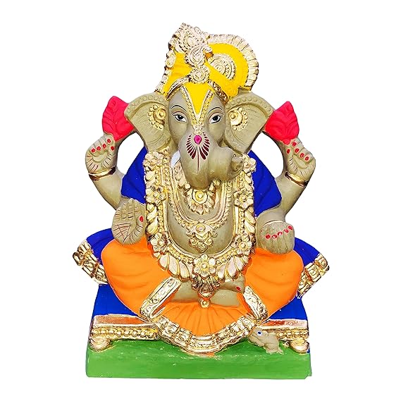 Eco Friendly Handcrafted Clay/Mud Dagdusheth Ganpati Murti Biodegradable Kacchi Mitti Ganesha Water Soluble Ganesh Idol for Ganpati Visarjan (Size: 12 Inch)