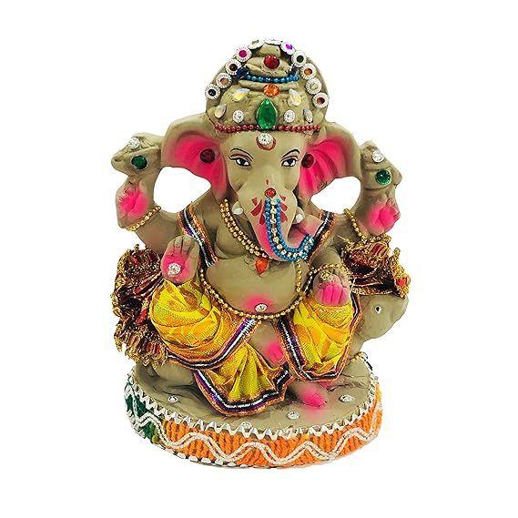  Eco Friendly Handcrafted Bejeweled Clay/Mud Ganpati Murti Biodegradable Kacchi Mitti Ganesha Water Soluble Ganesh Idol for Ganpati Visarjan (Size: 7 Inches.)