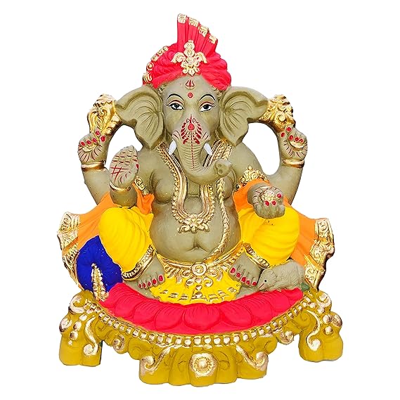 Eco Friendly Biodegradable Ganesh Murti Mitti Ganpati Statue for Visarjan Home Decor Religious God Water Soluble Clay Idol (Natural) (Size: 12 inches)