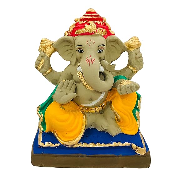 Eco Friendly Handcrafted Clay/Mud Ganpati Murti Biodegradable Kacchi Mitti Ganesha Water Soluble Ganesh Idol for Ganpati Visarjan(Size: 7.5 Inch)