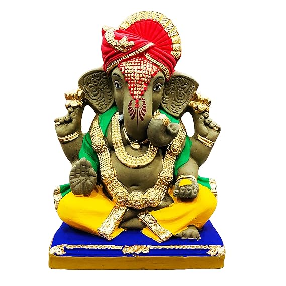 Eco Friendly Biodegradable Ganesh Murti Mitti Dagdusheth Ganpati Statue for Visarjan Home Decor Religious God Water Soluble Clay Idol (Multicolor, 9 inches)