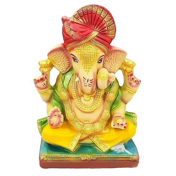  Eco Friendly Handcrafted Clay/Mud Dagdusheth Ganpati Murti Biodegradable Kacchi Mitti Ganesha Water Soluble Ganesh Idol for Ganpati Visarjan (H : 9 Inches.)