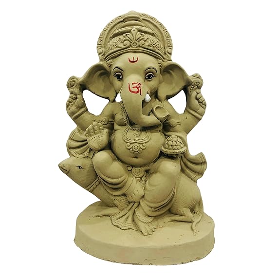  12 Inches. Big Eco Friendly Biodegradable Ganesha Idol, Mitti Mushak Ganpati Statue for Visarjan at Home, Water Soluble Clay Idol for Ganesh Chaturthi (Natural)