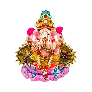  Eco Bejeweled Friendly Handcrafted Clay/Mud Ganpati Murti Biodegradable Kacchi Mitti Ganesha Water Soluble Ganesh Idol for Ganpati Visarjan (H:3.5 Inches. Small)