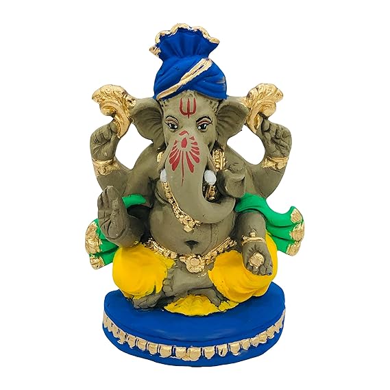  Eco Friendly Biodegradable Ganesha Idol, Mitti Ganpati Statue for Visarjan at Home, Water Soluble Ganesh Clay Idol (Size: 6 Inches., Multicolor)