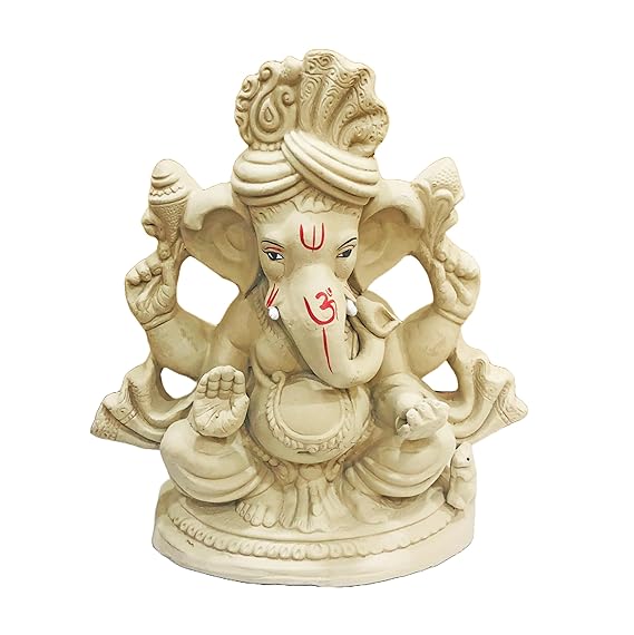 Eco Friendly Biodegradable Ganesha Idol, 12 Inches Big, Mitti Ganpati Statue for Visarjan at Home, Water Soluble Clay Idol (Natural)