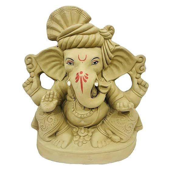  11 Inches Eco Friendly Ganesha Idol, Biodegradable Ganpati Kachi Mitti Statue for Visarjan at Home, Water Soluble Clay Idol for Ganesh Chaturthi (Natural)