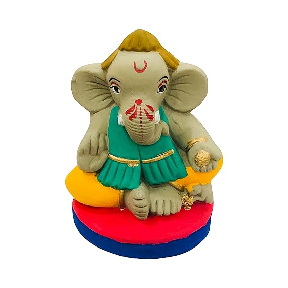  Eco Friendly Handcrafted Clay/Mud Ganpati Murti Biodegradable Kacchi Mitti Ganesha Water Soluble Ganesh Idol for Ganpati Visarjan (4 Inches Small)