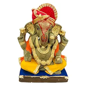 Eco Friendly Handcrafted Clay/Mud Ganpati Murti Biodegradable Kacchi Mitti Ganesha Water Soluble Ganesh Idol for Ganpati Visarjan (Size:9 Inches.)