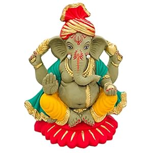 14 Inches. Big Eco Friendly Biodegradable Ganesh Murti Mitti Ganpati Statue for Visarjan Home Decor Religious God Water Soluble Clay Idol (Multicolor)