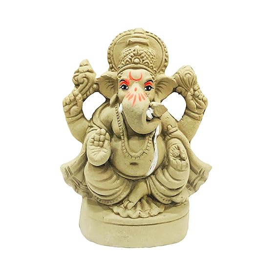 Eco Friendly Biodegradable Ganesha Idol, Mitti Ganpati Statue for Visarjan at Home, Water Soluble Clay Idol (Size : 4.5 Inches. Small, Natural) (Brown)