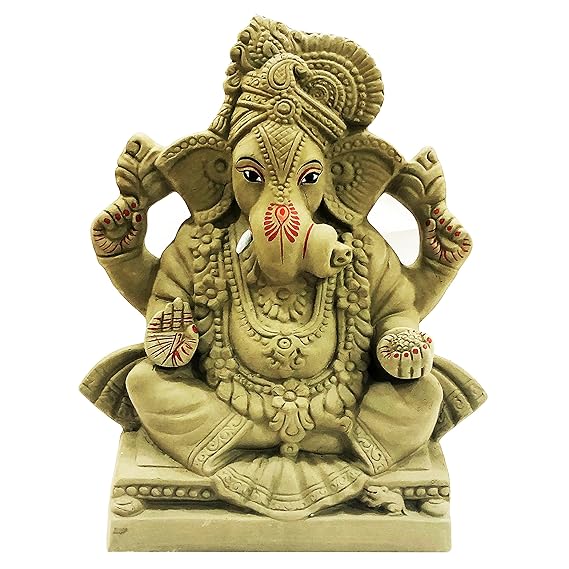 12 Inches. Big Eco Friendly Biodegradable Ganesha Idol, Mitti Dagdusheth Ganpati Statue for Ganpati Visarjan, Home Decor Mati Ganesh God Water Soluble Clay Idol (Natural)