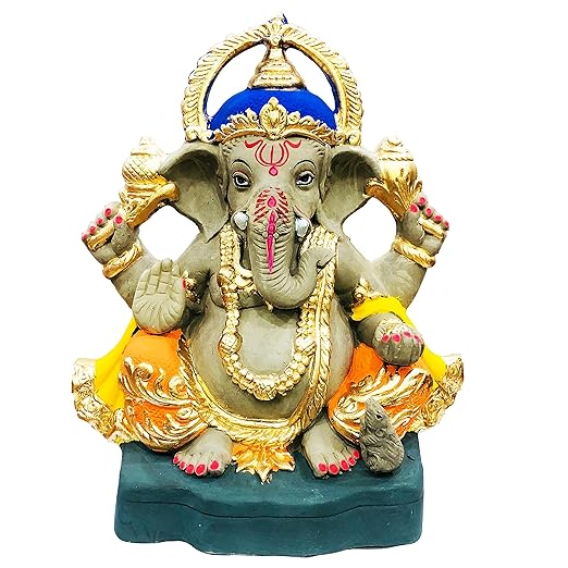 Eco Friendly Biodegradable Ganesh Murti Mitti Ganpati Statue for Visarjan Home Decor Religious God Water Soluble Clay Idol (Multicolor)(Size: 13 inches)