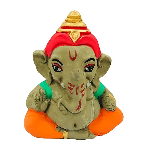 Eco Friendly Handcrafted Clay/Mud Ganpati Murti Biodegradable Kacchi Mitti Ganesha Water Soluble Ganesh Idol for Ganpati Visarjan (H:4 Inch.Small)