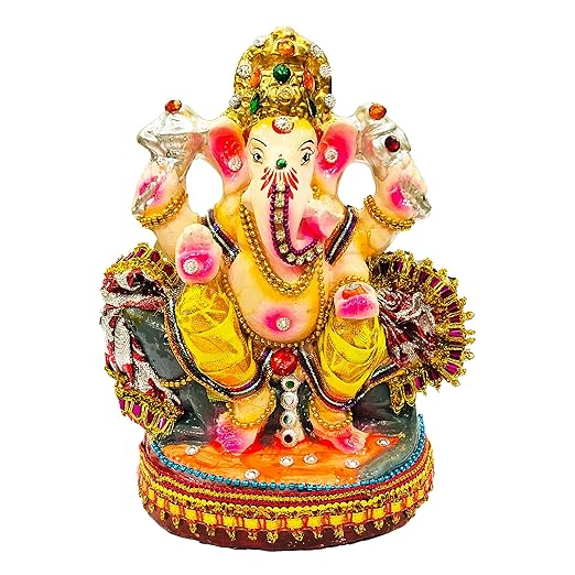 7 Inches Bejeweled Eco Friendly Handcrafted Clay Mud Ganpati Murti Biodegradable Kacchi Mitti Ganesha Water Soluble Ganesh Idol for Ganpati Visarjan (Color : Multi)