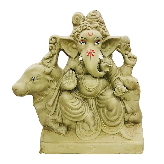 Eco Friendly Biodegradable Ganesha Idol, Ganpati Statue for Visarjan At Home, Mati Ganesh Water Soluble Clay Idol (Natural) (Size: 11 inches)